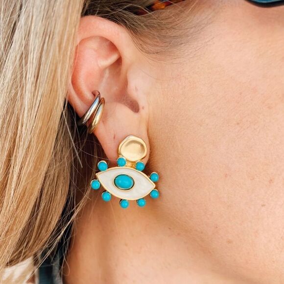 Gold and Turquoise Eye Earrings A1127 - Picture 1 of 3